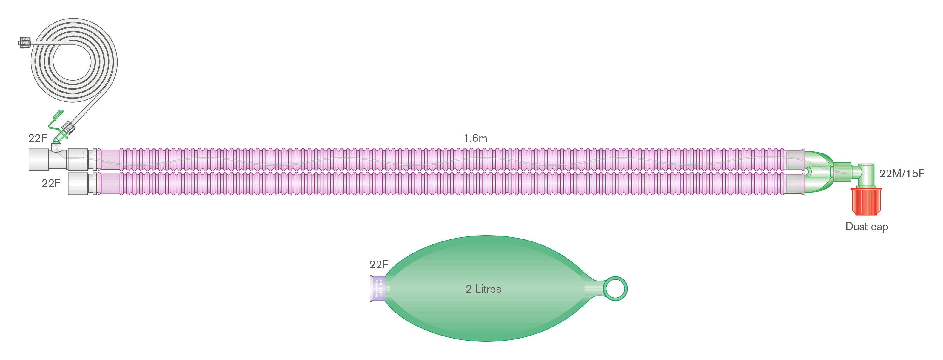Circuit respiratoire 22mm Flextube antimicrobien Silver Knight avec ballon 2L et ligne de monitorage intégrée, ≥ 1.6m