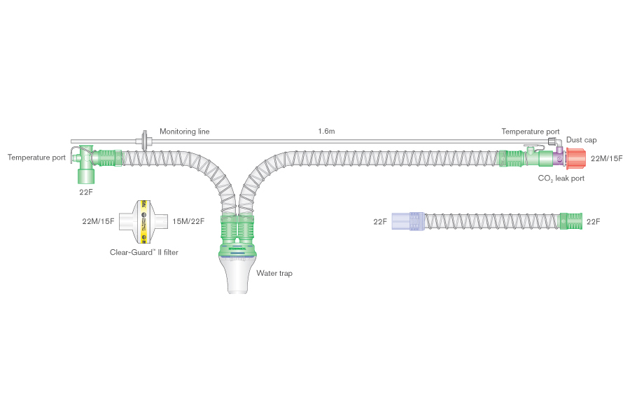 Circuit respiratoire intérieur lisse 22mm pour VDNP - 22M/15F avec raccord patient à rotule, piège à eau, branche 0.5m et ligne de monitorage