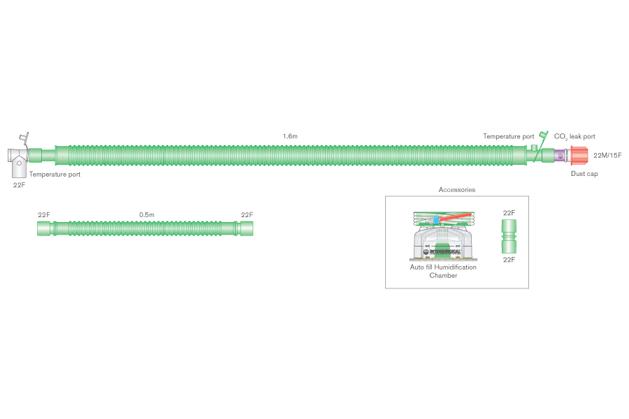 Circuit respiratoire 30mm Flextube pour VDNP, à fil chauffant, avec raccord patient à rotule, fuite intentionnelle, chambre autoremplissage et branche supplémentaire, ≥ 1.6m
