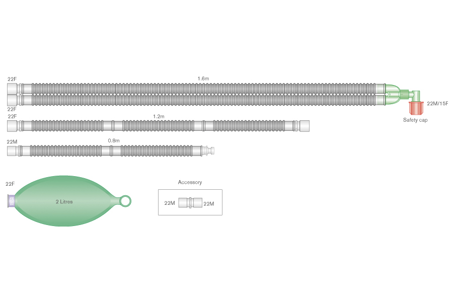 Circuit respiratoire Flextube 22mm avec ballon 2L, raccord coudé et branche pour ADU™. ≥ 1.6m