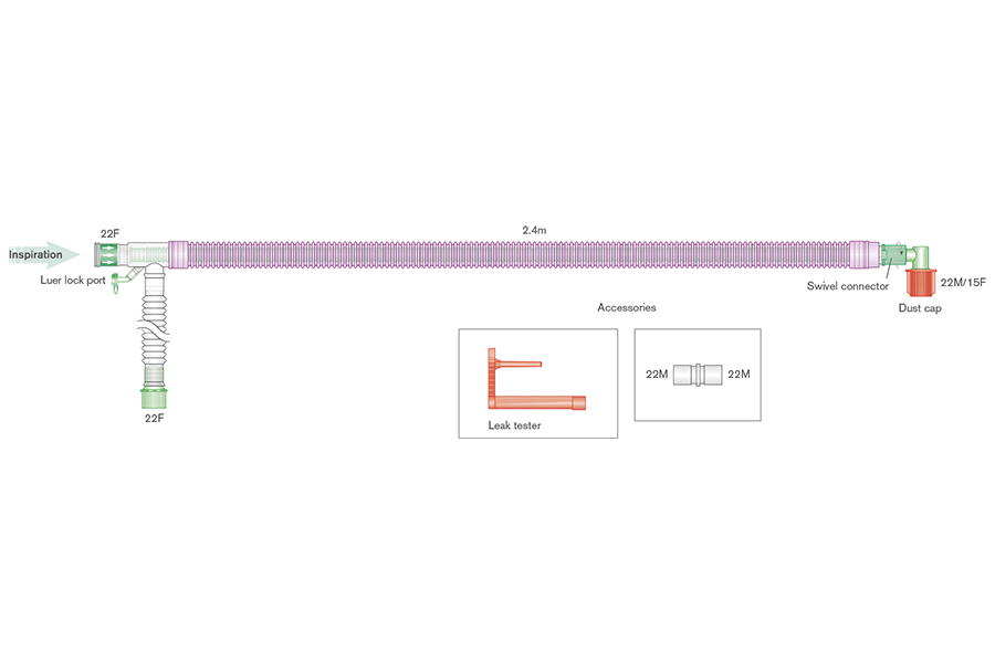 Circuit respiratoire Uniflow™ 30mm antimicrobien - Longueur 2.4m et branche de 0.5m + ligne de monitorage intégrée