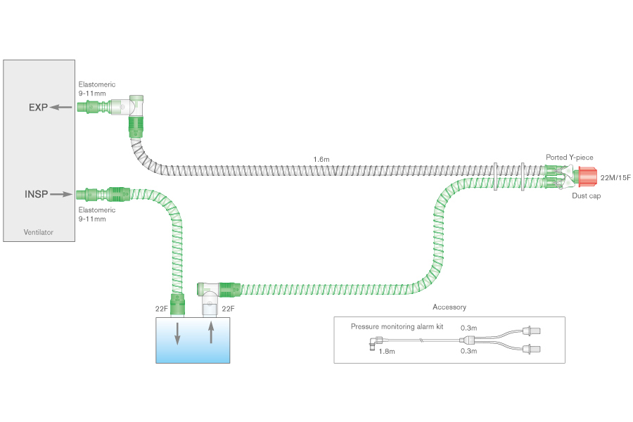 Circuit respiratoire intérieur lisse 15mm bichauffé, avec ligne de monitorage et branche supplémentaire. ≥ 1.6m