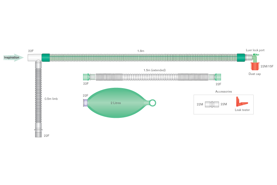 Circuit respiratoire 22mm DuoFlow, avec coude luer et ballon 2L, ≥ 1.8m