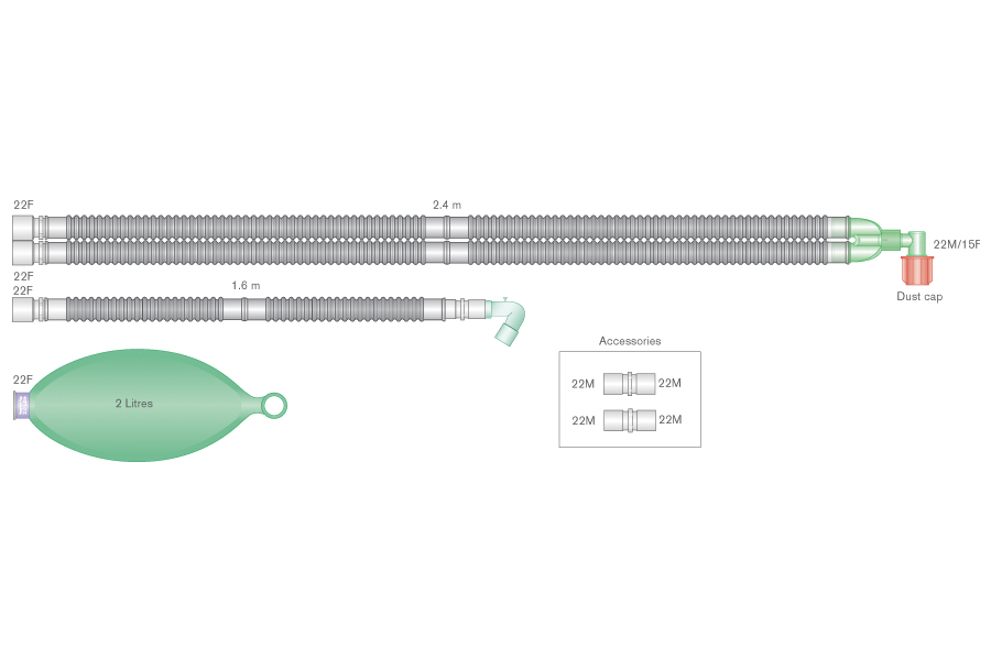 Circuit respiratoire Flextube 22mm avec raccord coudé, ballon 2L et branche pour Aisys™, Avance™, et Aespire™. ≥ 2.4m