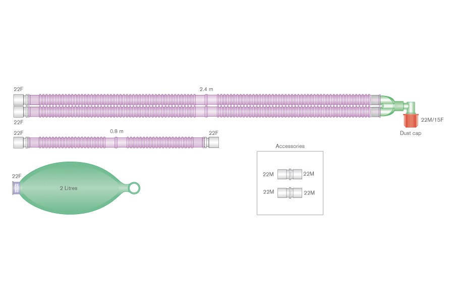 Circuit respiratoire Flextube™ 22mm antimicrobien Silver Knight™ avec ballon 2L et branche, ≥ 2.4m