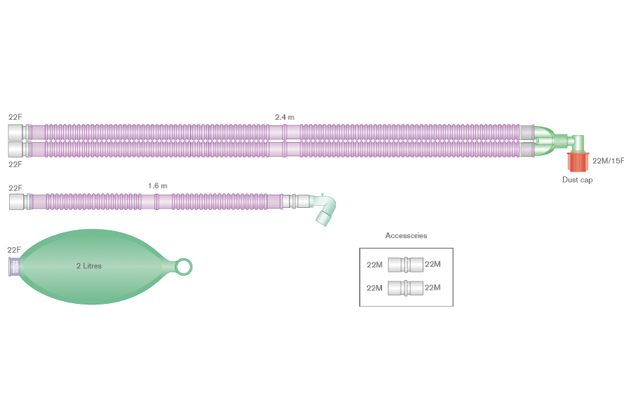 Circuit respiratoire Flextube™ 22mm antimicrobien Silver Knight™ avec raccord coudé, ballon réservoir 2L et branche, pour Aisys®, Avance®, et Aespire®, ≥ 2.4m