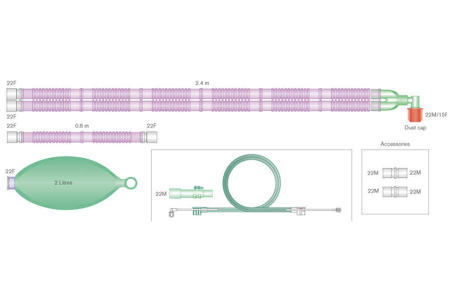Circuit respiratoire Flextube™ 22mm antimicrobien Silver Knight™ avec raccord coudé, ballon réservoir 2L, kit de spirométrie et branche, pour Aisys®, Avance®, et Aespire®, ≥ 2.4m