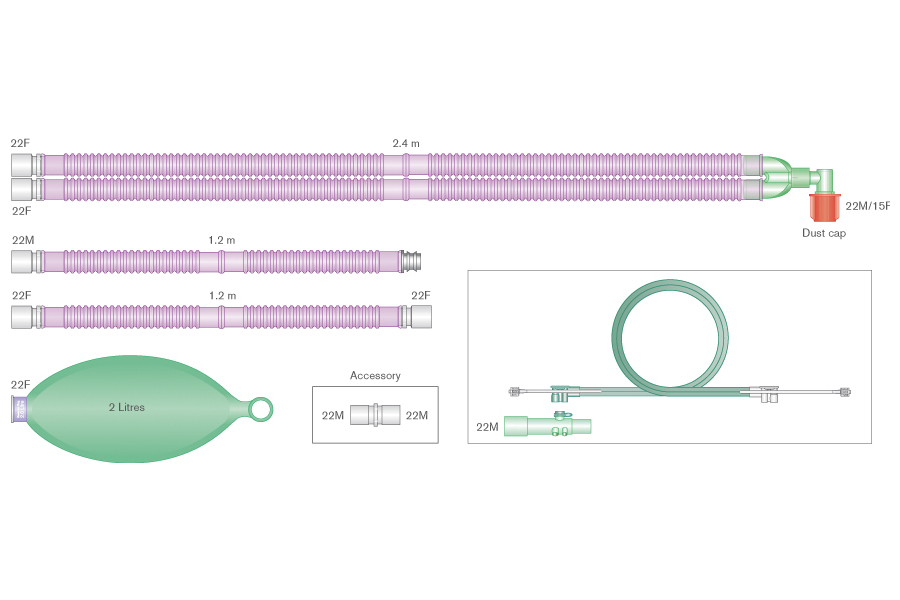 Circuit respiratoire Flextube™ 22mm antimicrobien Silver Knight™ avec raccord coudé, ballon réservoir 2L, branche et kit de spirométrie pour ADU, ≥ 2.4m