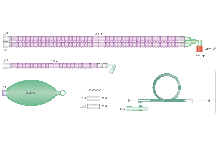 Circuit respiratoire Flextube™ 22mm antimicrobien Silver Knight™ avec raccord coudé, ballon réservoir 2L, kit de spirométrie et branche, pour Aisys®, Avance®, et Aespire®, ≥ 2.4m