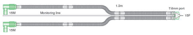 Circuit respiratoire de transport 10mm annelé Flextube™ avec pièce en Y à rotule et ligne de monitorage pour respirateurs fabian, 1.2m
